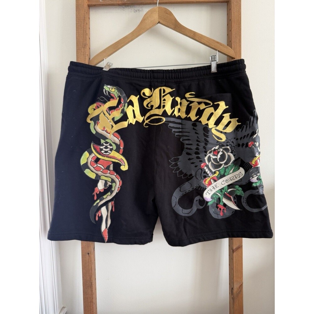 Ed Hardy Black Fleece Sweat Shorts Mens XXL Dagger Rose Print Y2K